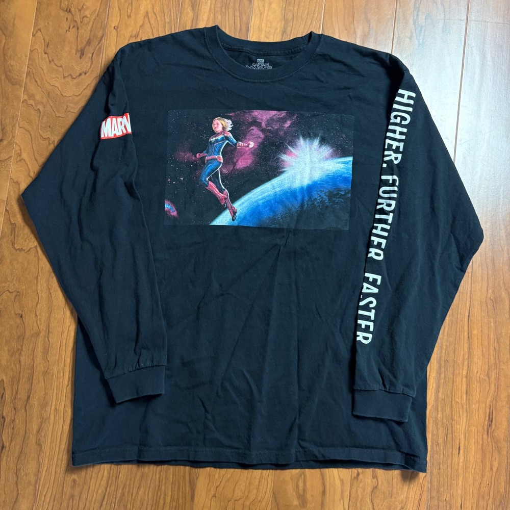 Marvel Captain Marvel Long Sleeve Graphic Tee Black XL Higher Further Faster